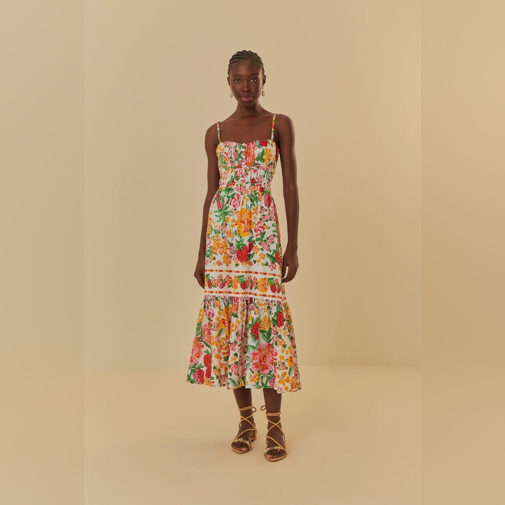FARMRIO white floral sketch midi dress